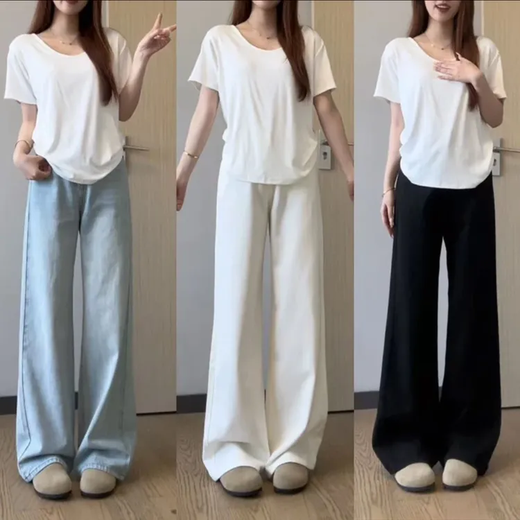 小个子窄版小阔腿高腰牛仔裤女春秋百搭宽松显瘦设计感加长拖地裤