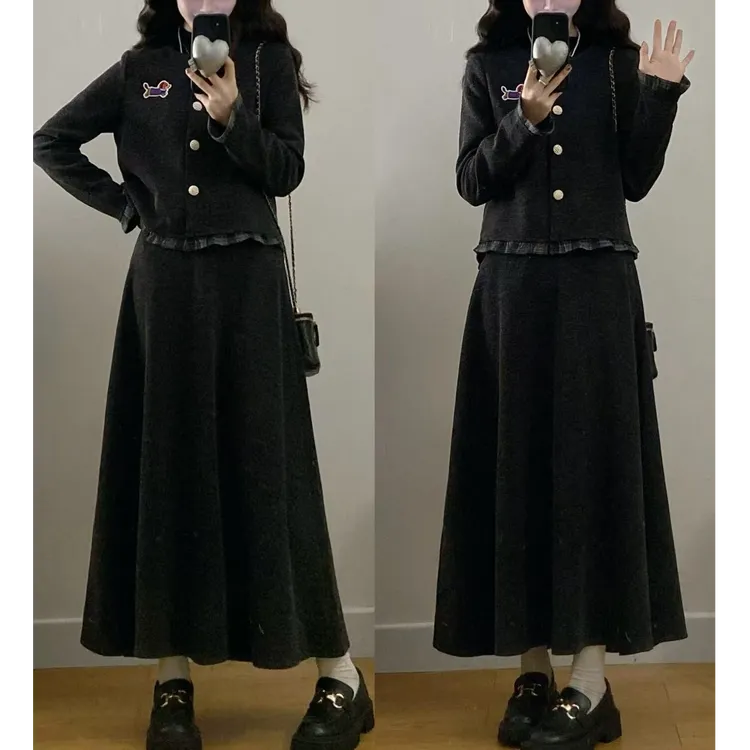 大码女装胖mm新款加厚时尚格纹木耳边拼接刺绣外套半身裙显瘦套装