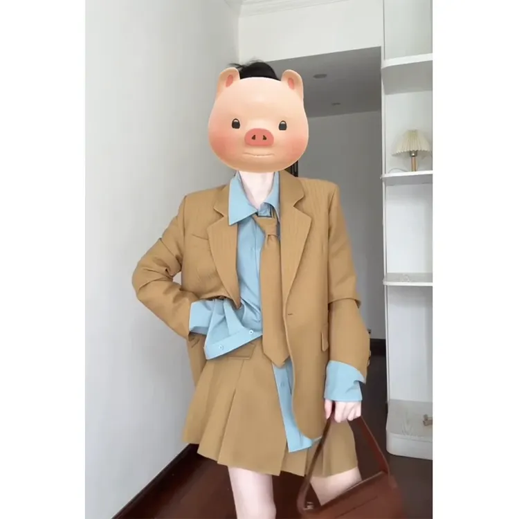 2025学院风穿搭秋季长袖条纹时尚休闲西装外套纯色排扣衬衫短裙女