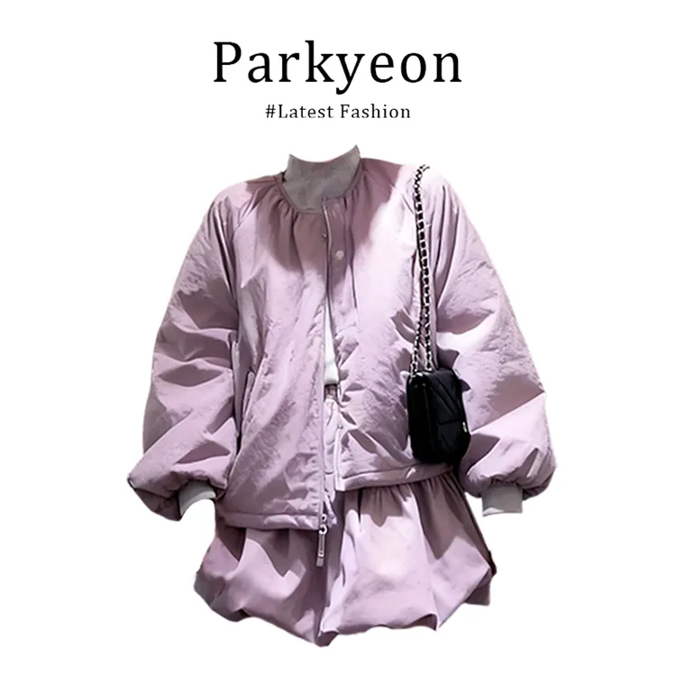 parkyeon冬季新款千金风紫色保暖面包服外套内搭上衣花苞裙套装