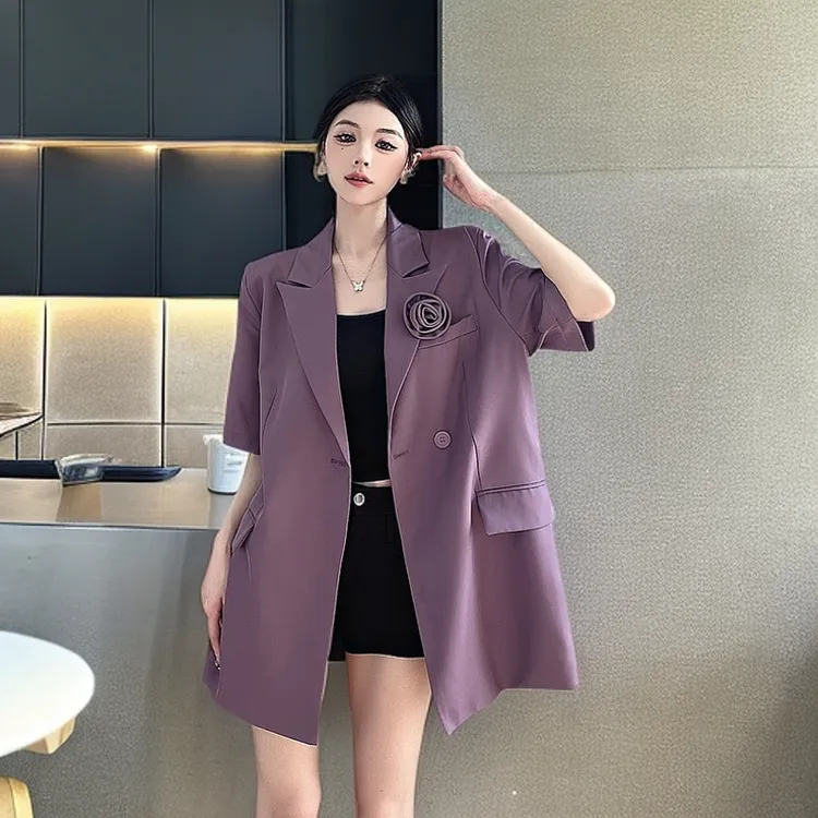 法式洋气网红紫色西装外套女夏季新款小众设计感时尚垫肩廊形西服