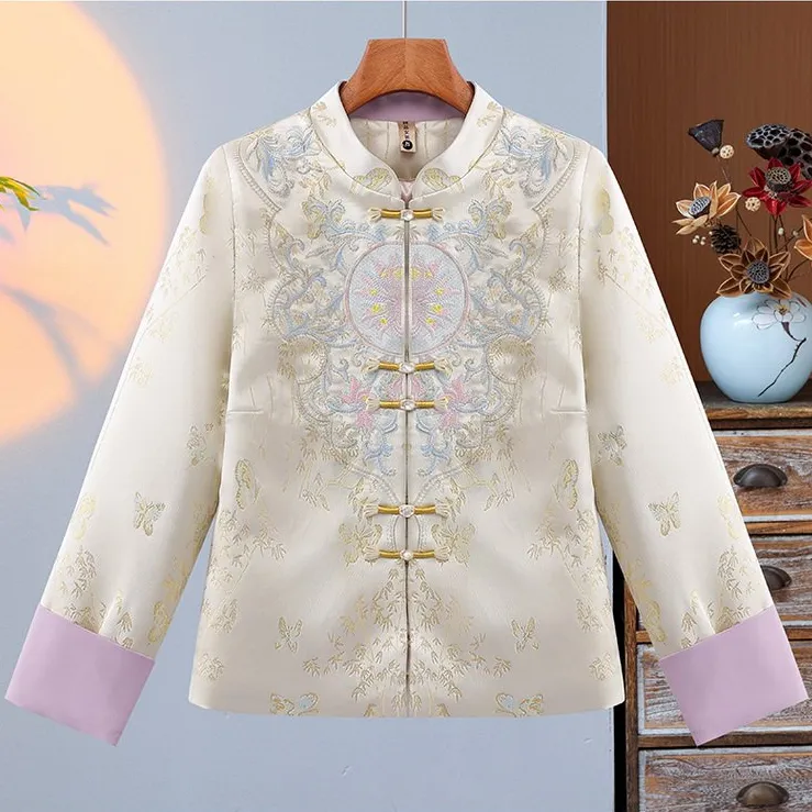 国风复古提花加棉外套宽松显瘦百搭气质新中式立领盘扣上衣新款