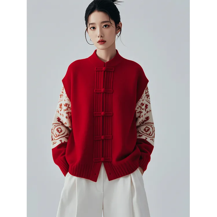 新年新中式国风设计感复古宽松针织开衫毛衣上衣女装秋冬季本命年