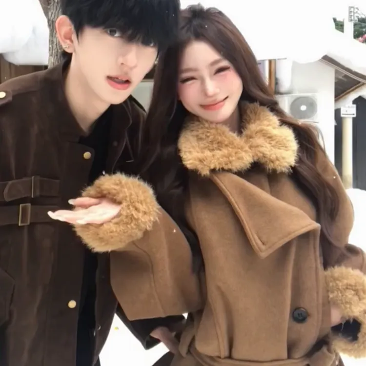 韩系复古毛领毛呢大衣外套女2025秋冬新款小个子加厚保暖百搭上衣