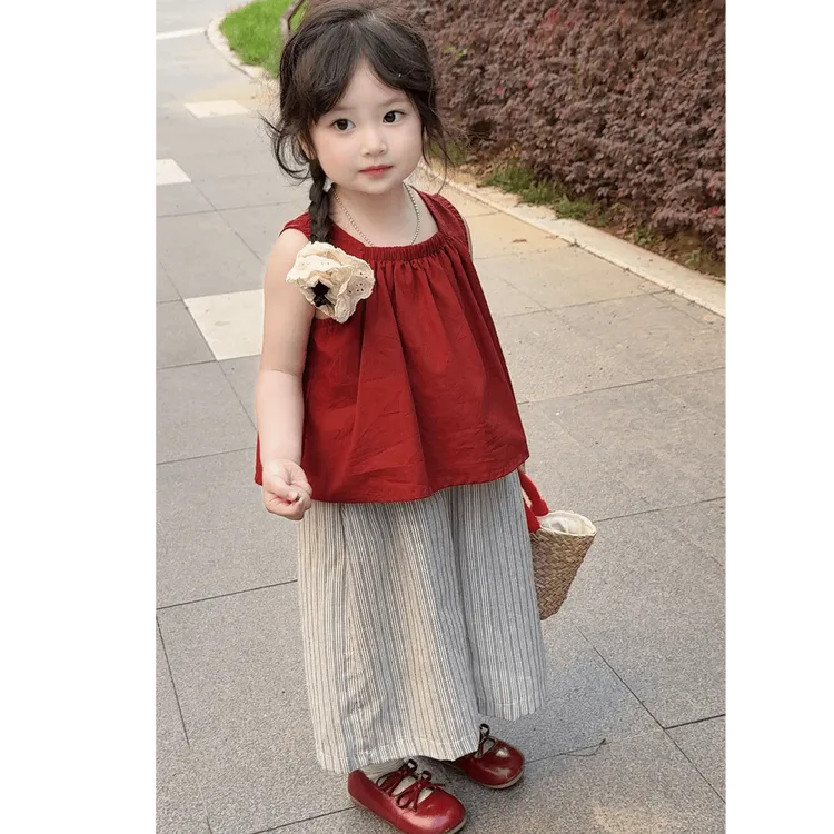 女童套装夏装吊带夏季儿童森系女宝纯色衣服条纹阔腿裤女孩两件套