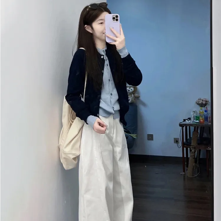 早秋韩系穿搭一整套绝美漂亮小套装假两件针织开衫阔腿裤子两件套