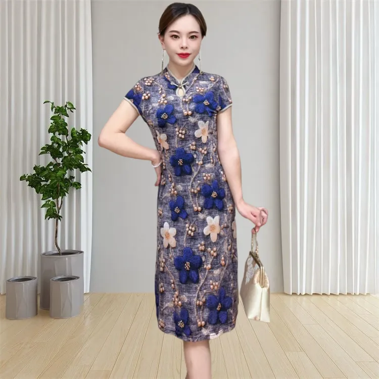 优雅气质中长款短袖旗袍裙夏季修身洋气显瘦立领新中式旗袍A字裙