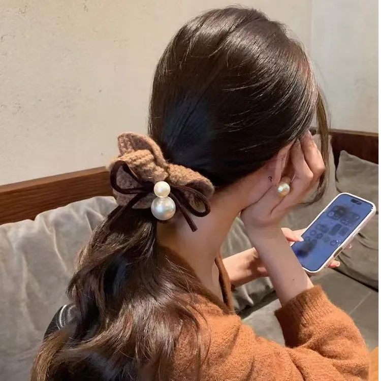 慵懒风珍珠蝴蝶结毛线发圈女高级感马尾辫头绳丸子头发绳发饰头饰