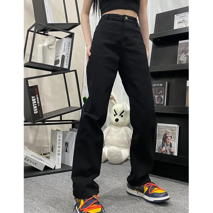 高弹力牛仔裤男女情侣通勤黑色简约百搭春秋美式高街显瘦长裤子男