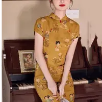 现598-6#新中式小唐人黄色旗袍气质少女高级感复古小众设计连衣裙