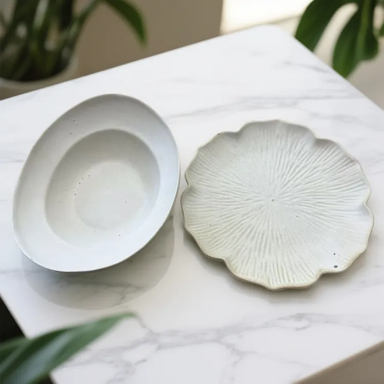 惊喜特价高货无瑕手工手捏莲花轻奢花边复古盘陶瓷盘子元宝点心盘