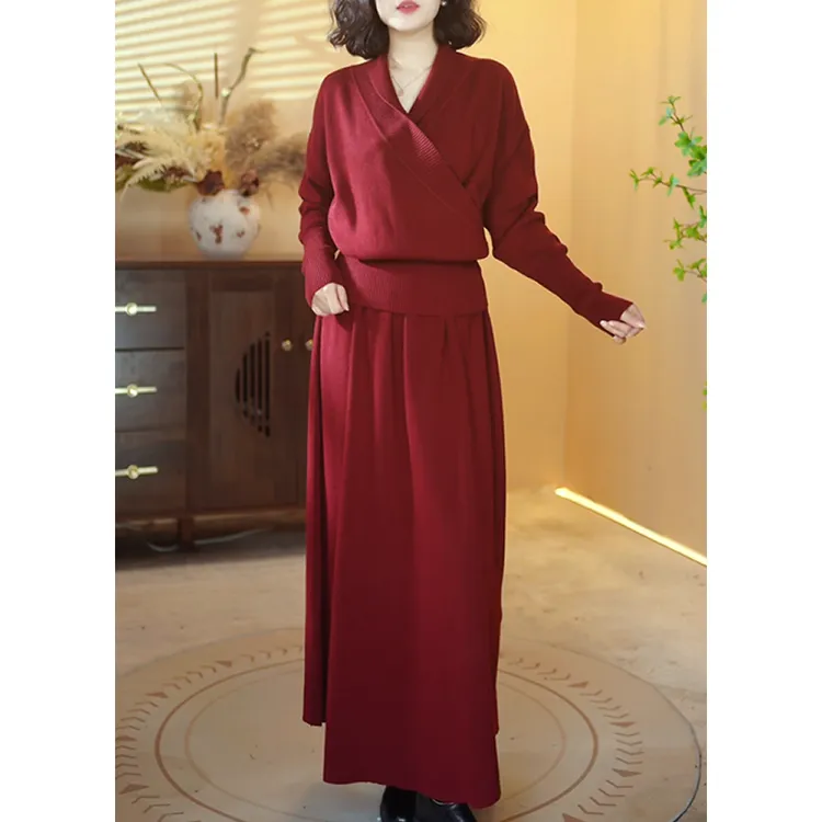 【X363】2025新款山羊绒时尚百搭宽松【上衣+裙子】套装