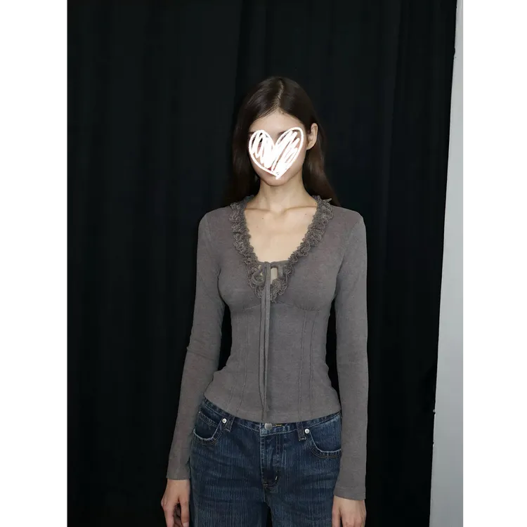性感蕾丝花边V领系带长袖打底衫女秋冬灰色修身显瘦上衣D1047