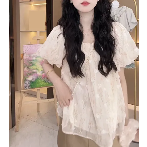 法式甜美风碎花短袖衬衣女2025夏季新款小众设计感圆领套头上衣潮