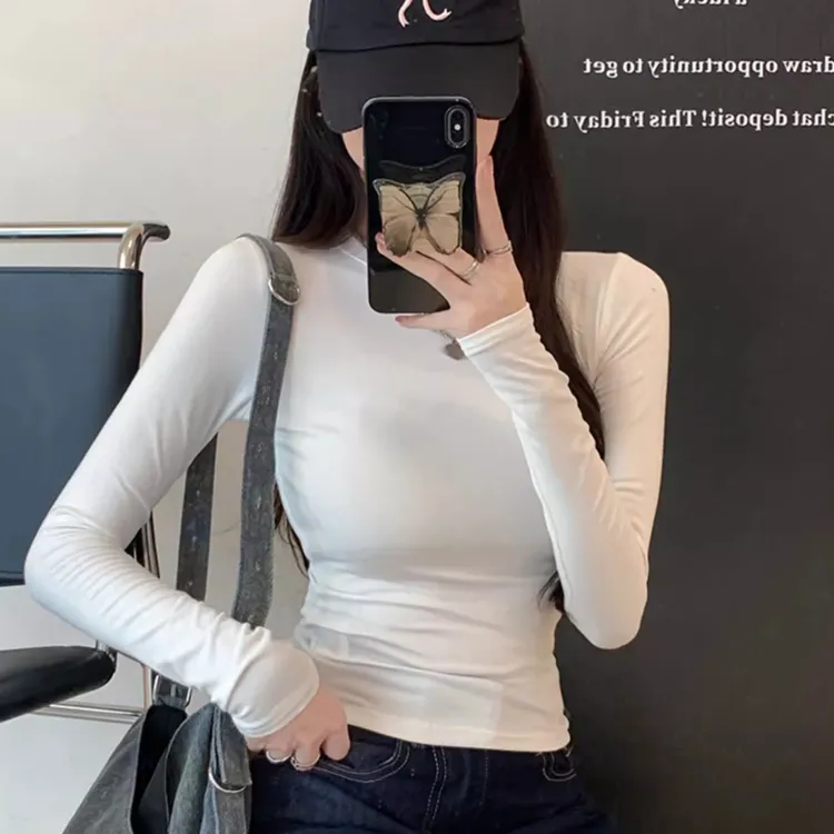 修身纯色打底衫女春秋冬内搭掐腰显瘦长袖t恤短款上衣白色紧身