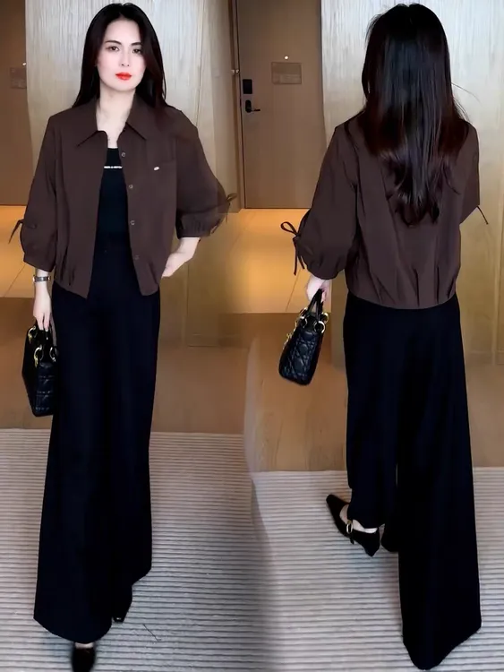 时尚休闲外套女短款2025秋季新款韩版时尚百搭小个子翻领折皱上衣