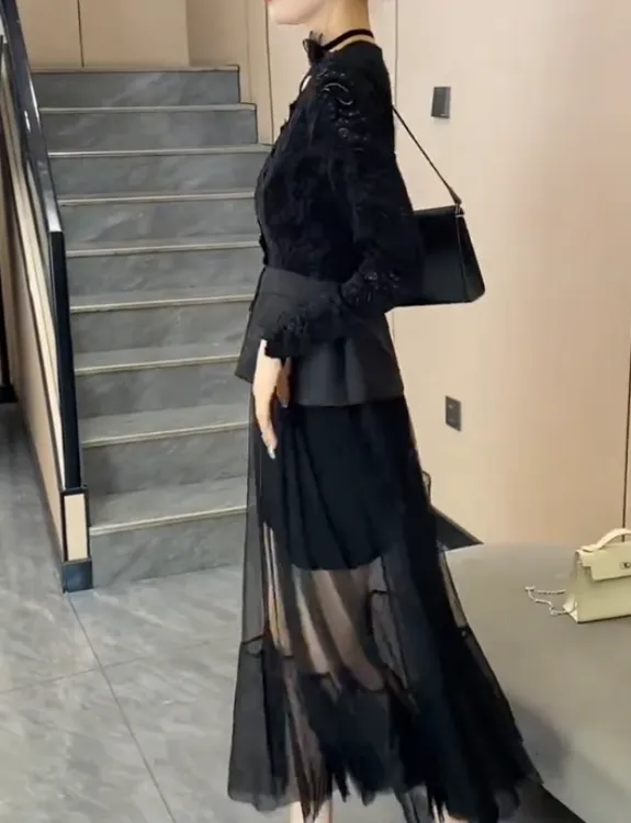 夏季包袖长裙中长裙高腰连衣裙轻奢宴会黑色显瘦女装小众连衣裙