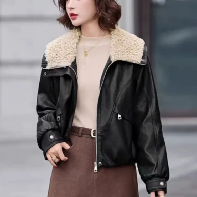绒大翻领加绒加厚保暖皮衣外套女2025秋冬新款宽松显瘦上衣棉服