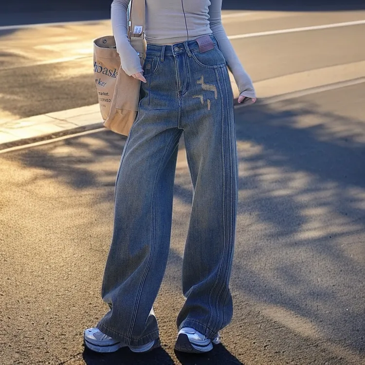 美式水泥黄色高腰直筒牛仔裤女2025新款秋冬宽松休闲阔腿裤女裤子