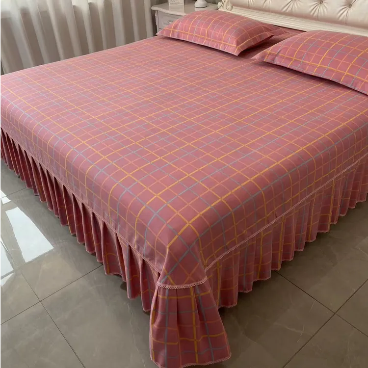 【米悦】加大加厚磨毛韩版床裙床罩床上用品大床花边三件套蜜桃格子