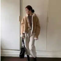 J-W1196#超韩！！的韩系角角扣连帽毛毛外套  （福利）