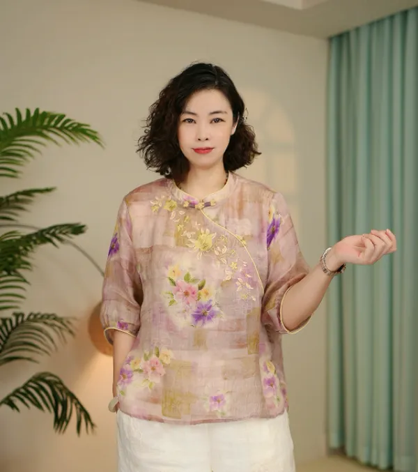 国风纯苎麻刺绣印花小衫女夏季新款中式斜襟显瘦透气减龄上衣9365