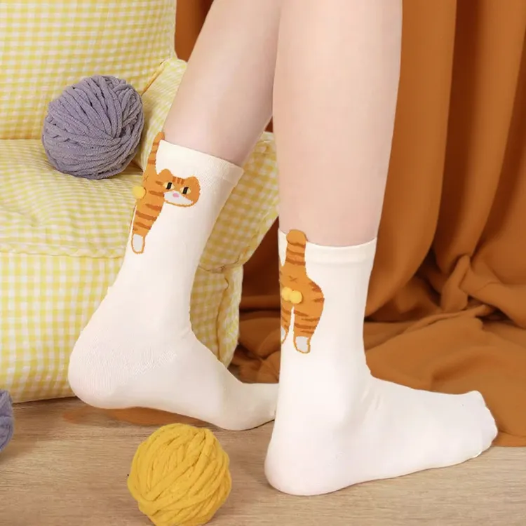新款搞怪可爱猫咪堆堆袜女中筒袜春夏可爱猫咪叮叮当蛋蛋袜子透气