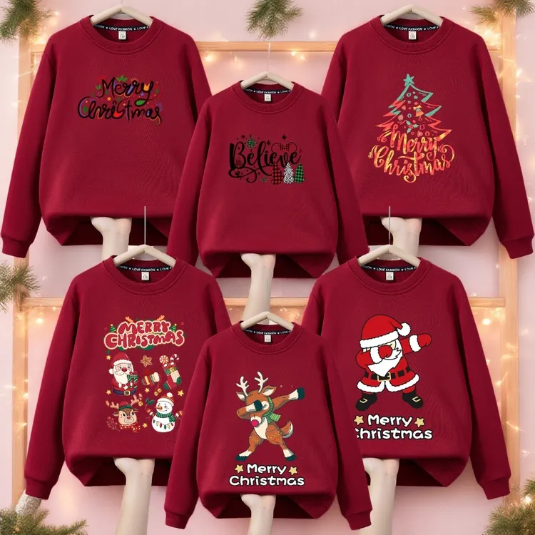 圣诞快乐亲子装一家三口四口装加绒卫衣2025年跨新年酒红色家庭装