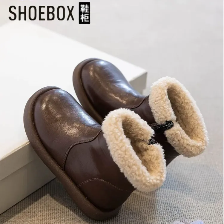 休闲男女孩通用女皮革拼接皮靴棉靴雪地靴冬季防滑童鞋冬季加绒