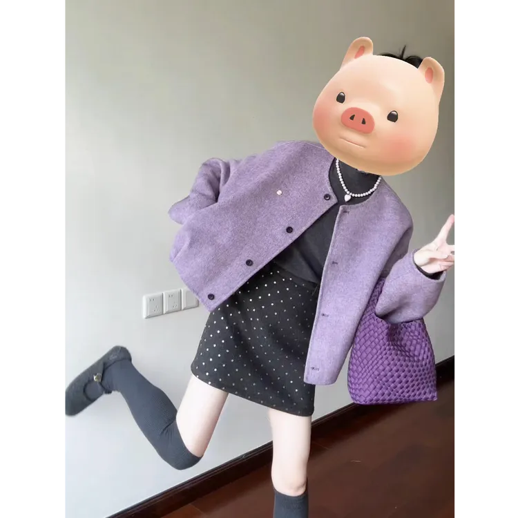 MARIE.COCO韩系复古紫色毛呢外套秋冬新款宽松显瘦高级感百搭上衣