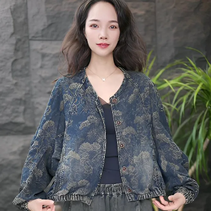 JJ【亭台楼阁】提花翻领长袖短款女蝙蝠袖短外套休闲上衣设计师牛仔