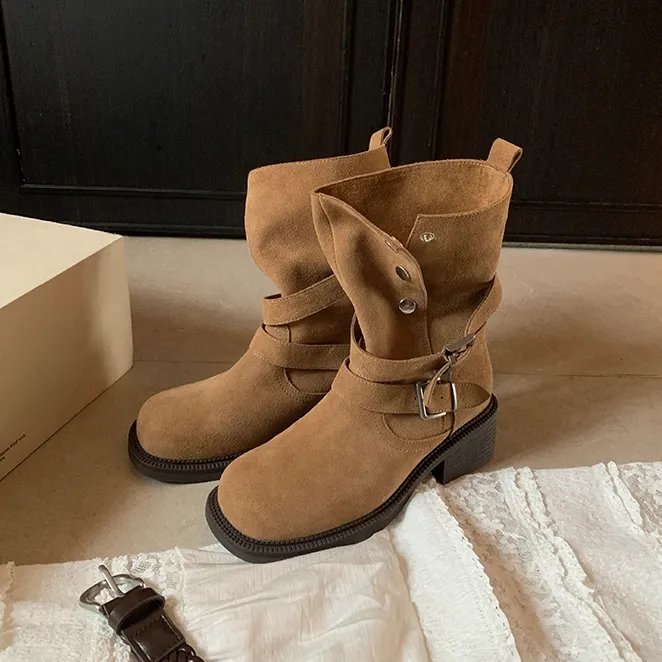 复古粗跟厚底短靴女靴子2025秋冬新款圆头百搭棕色美拉德马丁靴女