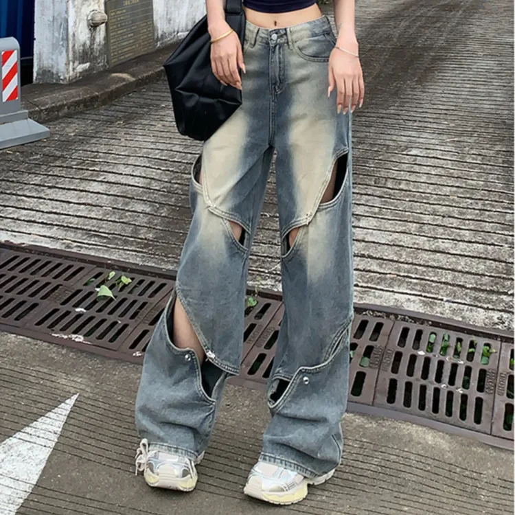 破洞镂空做旧阔腿牛仔裤女2025春季新款高腰显瘦拖地裤子