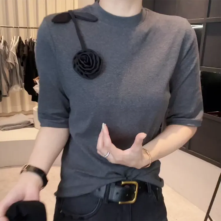 早秋款圆领设计感时尚百搭中袖显瘦上衣T恤女C5975