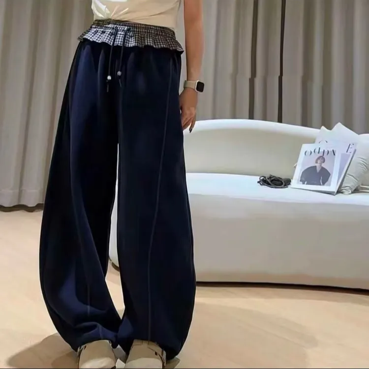 【秋冬上新】女童休闲百搭腰拼格子花边弯刀裤D