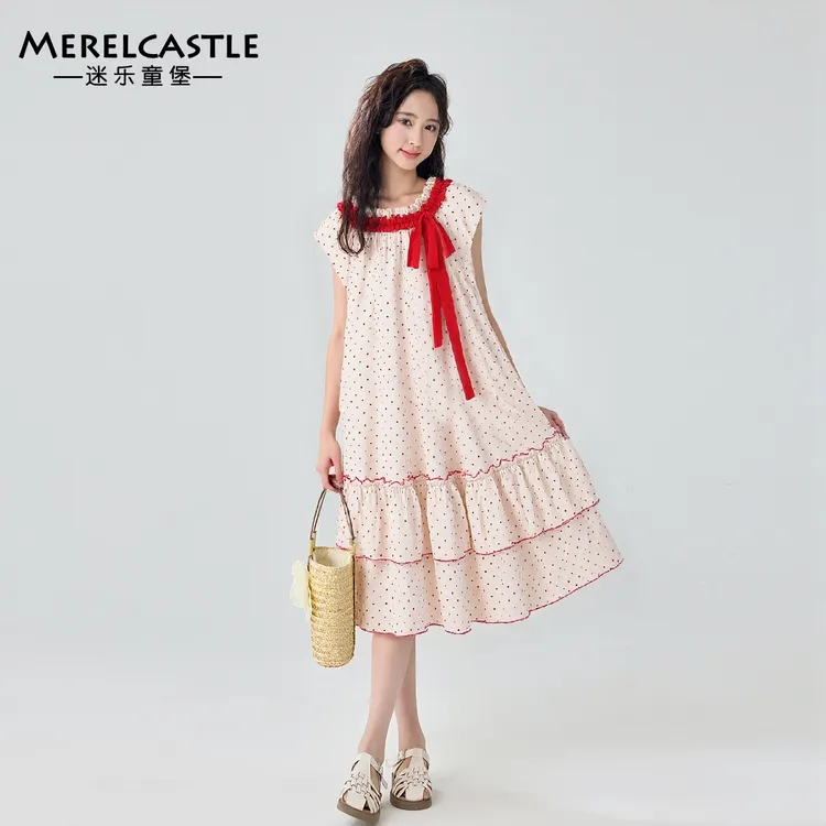 C5524女大童花边圆点连衣裙2025夏季新款女孩时尚甜美飞袖裙子