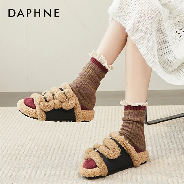 达芙妮厚底毛毛拖鞋女外穿2025新款秋冬棉拖羊羔毛绒勃肯一字拖女