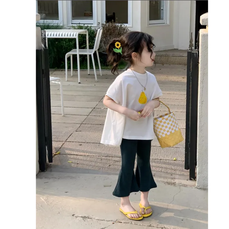 【亲子装】25夏季新款韩系套装卡通印花短袖女童宽松T恤九分喇叭裤