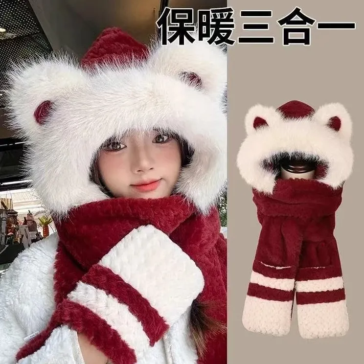 2026新款防寒保暖小熊毛绒帽子围巾手套一体女冬季加厚护耳骑行帽
