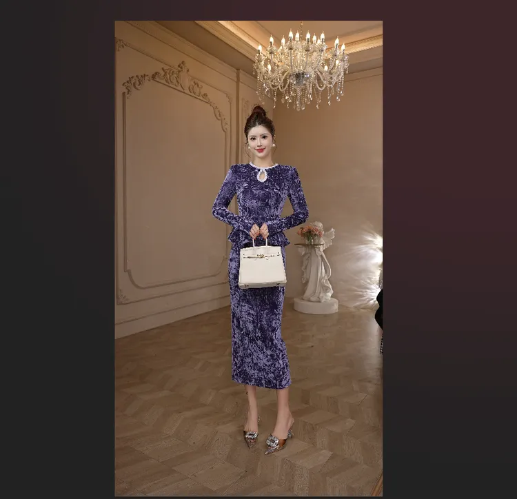 【原创】风韵犹存·轻奢假两件优雅长袖长裙修身名媛法式裙子21948