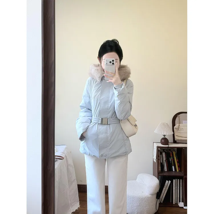 浅蓝色时尚气质腰带收腰棉服冬季新款设计显瘦保暖滑雪服外套女