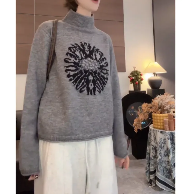 秋冬新款高领百搭气质显瘦高领提花时尚毛针织上衣LK2508985