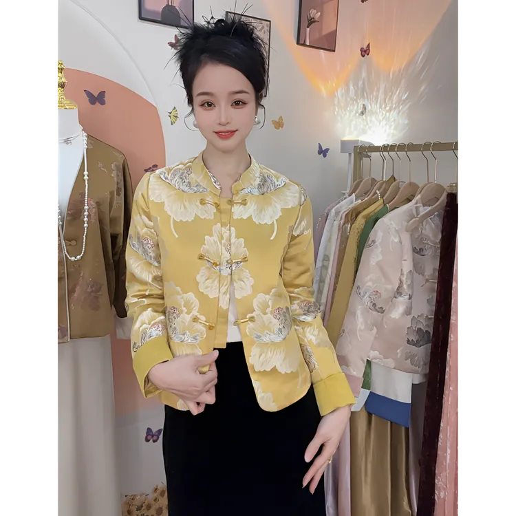 新中式国风外套女春秋新款高端复古优雅气质短款提花刺绣立领外套