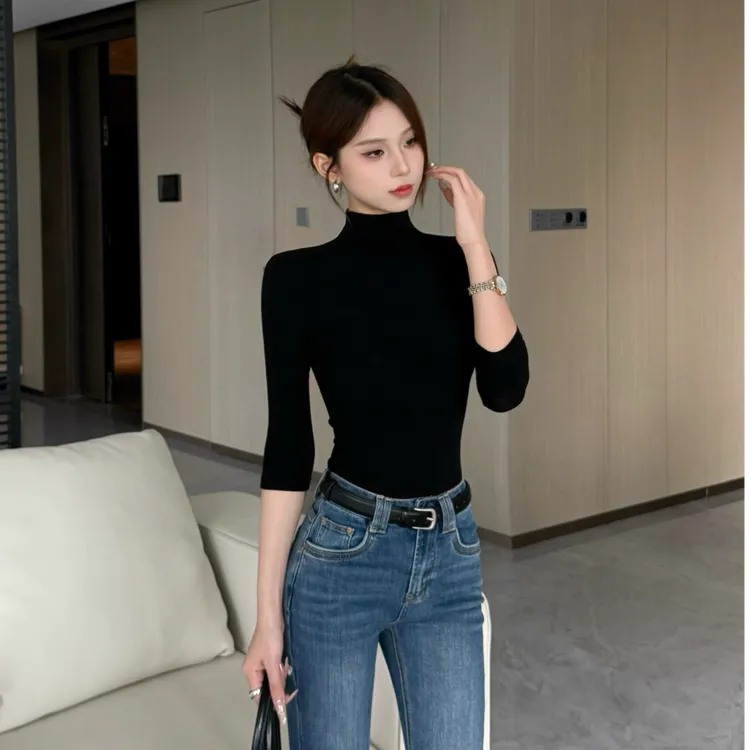 极简知性 气质修身中半领中袖打底软糯弹力2025秋冬新款上衣