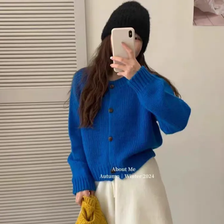 韩版糖果色女圆领开衫减龄加厚毛衣外套宽松显瘦针织衫上衣秋冬