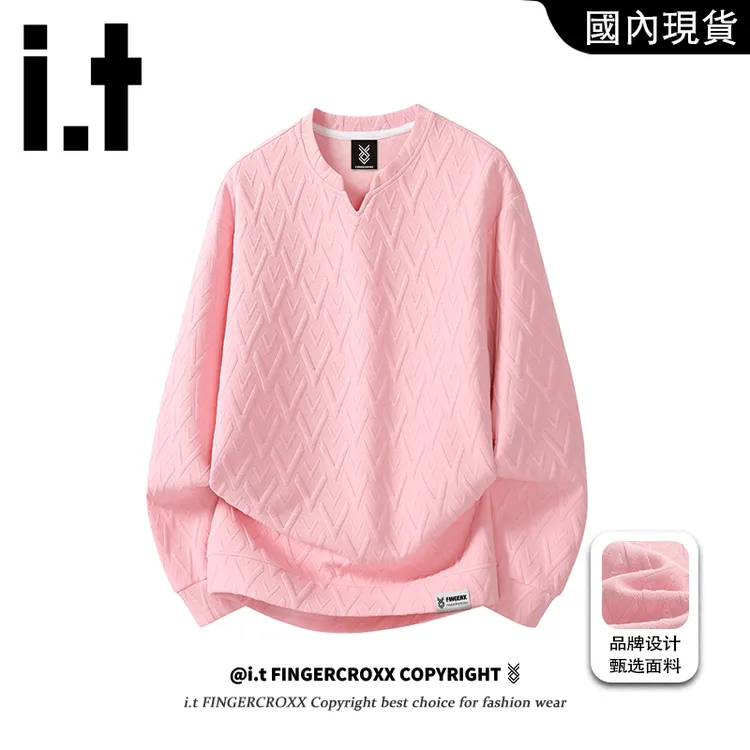 i.t FINGERCROXX大码小v领提花卫衣男秋季新款慵懒风休闲宽松T恤