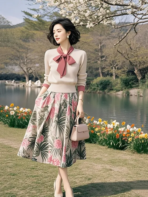 [工厂直销套装]开春款时尚多巴胺撞色针织衫碎花半身裙99383+Q209