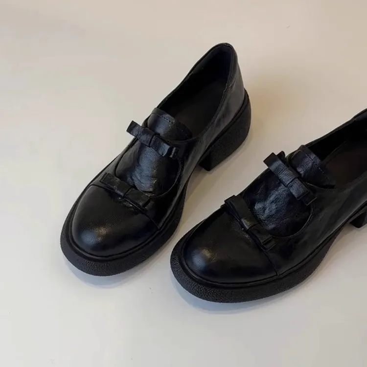 森唔~牛皮英伦风法式赫本百搭小皮鞋高粗跟新款春秋冬蝴蝶结单鞋