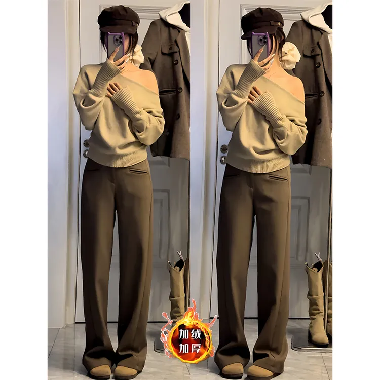 加绒加厚黑色西装裤女秋冬设计感高腰宽松垂感休闲裤阔腿裤拖地裤