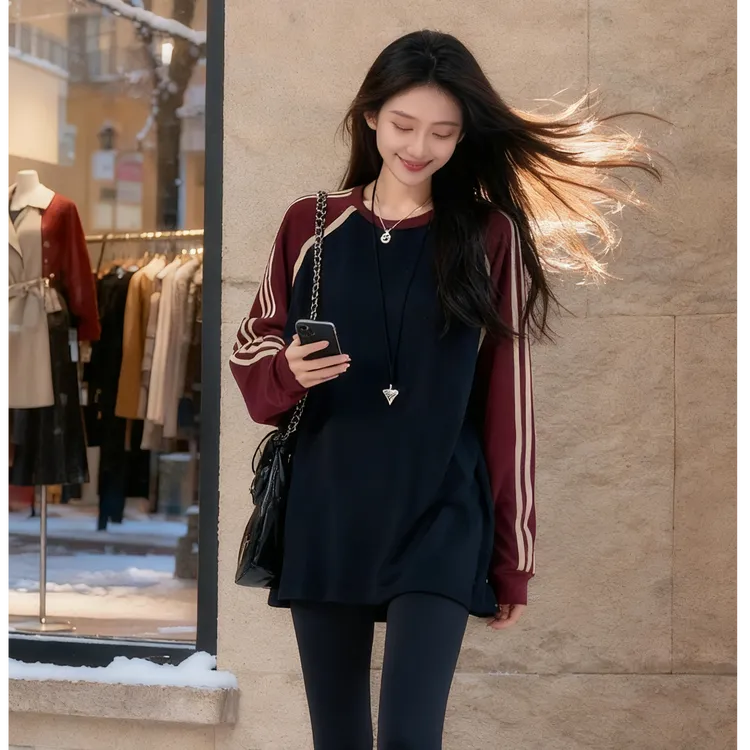 美式优质加绒拼色打底女内搭保暖新款秋冬遮屁股拼接长袖T恤上衣